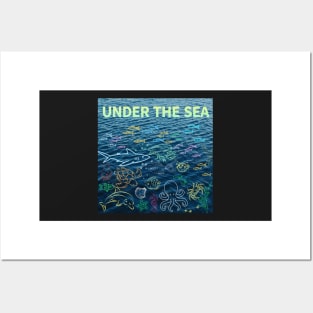 under the sea,blue sea,sea creatures,Turtle, puffer fish, starfish, shrimp, shark, tropical fish, sea horse, seaweed, sardines, squid, crabs, clams Posters and Art